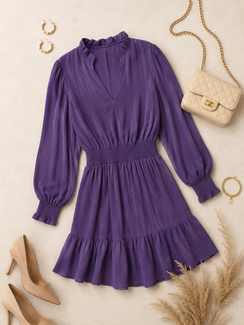 Lucky Brand Purple Long Sleeve Dress Size L Ruffle Hem Boho V-Neck 100% Poly